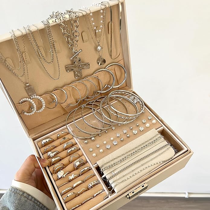 FANDY 137 Pieces Gold Jewelry Set for Women, 12 Necklace, 14 Bracelet, 21 Earrings, 24 Knuckle Rings, 66 Hair Accessory Gold Plated Jewelry Set for Women Gift