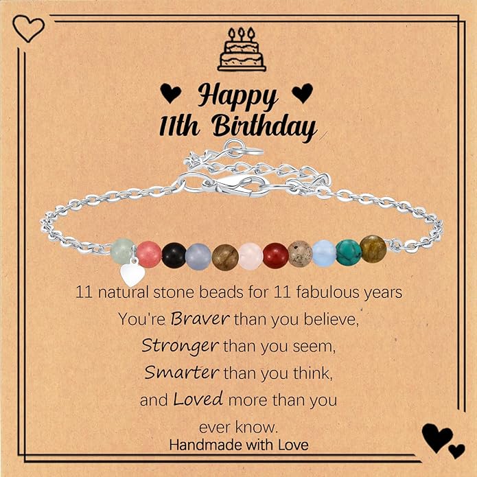 Birthday Gift for 9-16 Year Old, Small Natural Stone Beaded Bracelet Adjustable Heart Charm Bracelet for Daughter Granddaughter Sister Niece Friend on Birthday Graduation with Message Card Gift Box