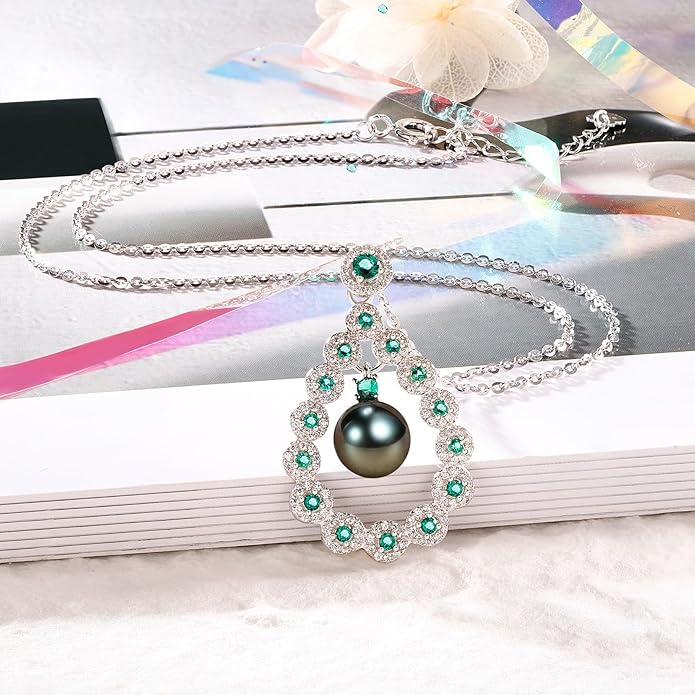 Gifts for Women-Tahitian-Black-Pearl-Necklace- Gift for Wife Wedding Birthday Anniversary - Mom Girlfriend Her on Mothers Day Valentines Day Christmas - 18K Gold Plated Sterling Silver Pearls Pendant With Urquoise