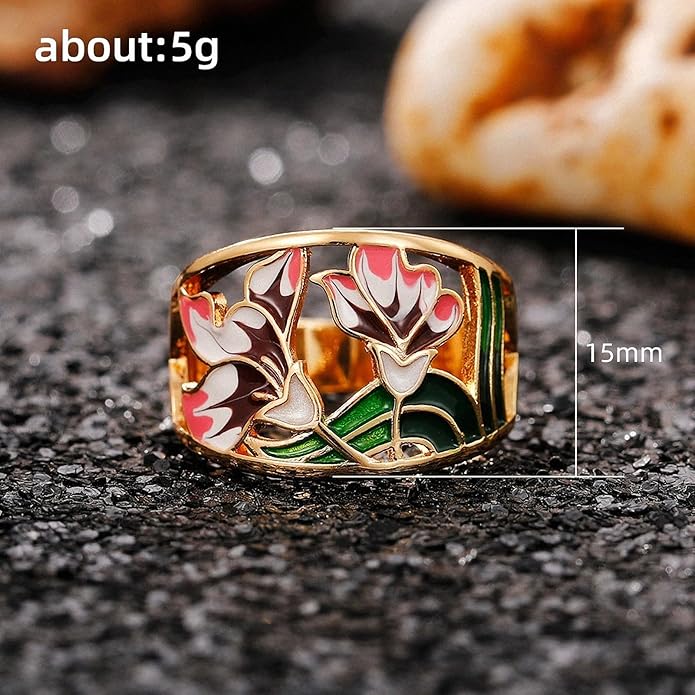 Women Tree of Life Lucky Flower Wide Band Ring Gold Pink Opal Green Enamel Resin Plated Dainty Tree Rhinestone Statement Thumb Index Full Finger Chunky Ring Party Crystal Vintage Jewelry