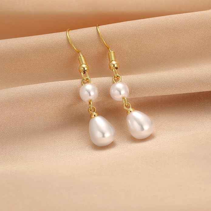 Gold Pearl Dangle Earrings for Women, 14K Gold Plated Small Pearl Drop Huggie Hoop Earrings, Hypoallergenic Dainty Gold Earrings Wedding Jewelry Gifts for Women Trendy