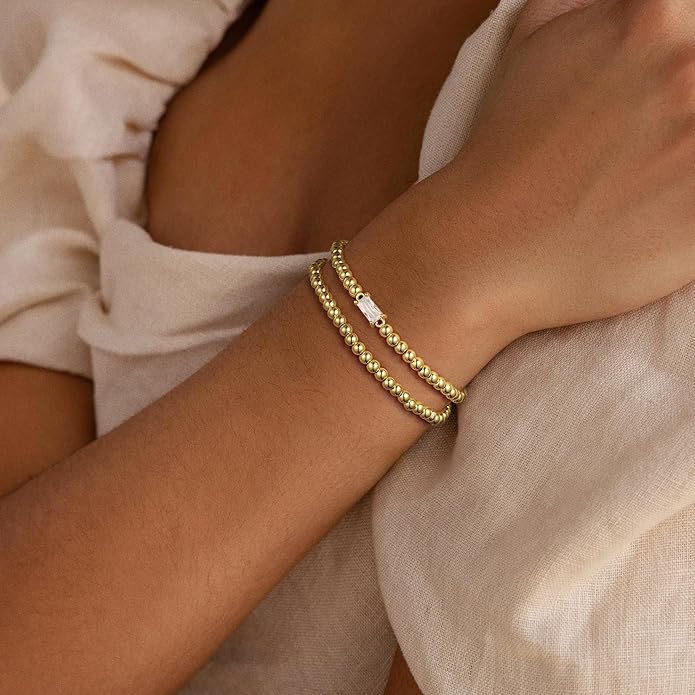 Ursteel Valentines Gifts for Her Kids Girls, Elastic Birthstone Bracelet for Women 14K-Gold-Plated Beaded Bracelet Non Tarnish Trendy Birthstone Jewelry Birthday Gifts for Women