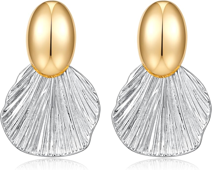 Gold Plated Earrings Dangle Chunky Fan-shaped Earrings Shell Earring for Women Two-Tone Fashion Statement Jewelry