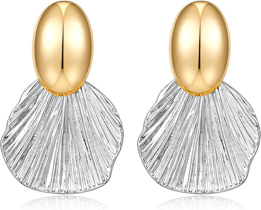 Gold Plated Earrings Dangle Chunky Fan-shaped Earrings Shell Earring for Women Two-Tone Fashion Statement Jewelry