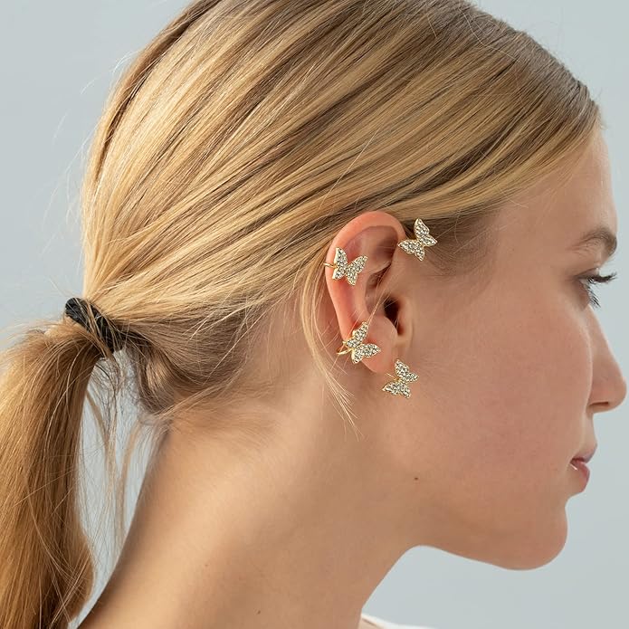 2PCS Butterfly Ear Cuffs Climber Wrap Around Earrings for Women Fairy No Piercing Ear Clip Gold Silver Jewelry Gift