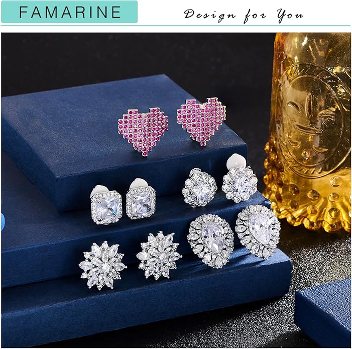 FAMARINE CZ Clip on Earrings for Women Clip Earring Non-pierced Earrings