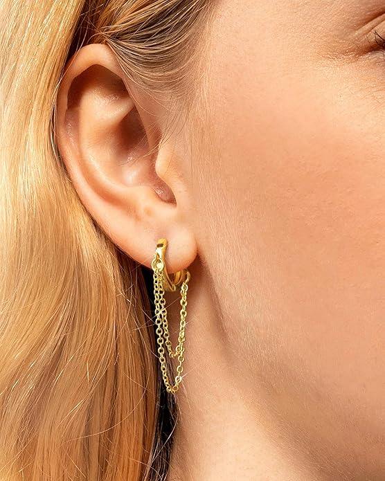 Tassel Chain Small Gold Hoop Dangle Earring For Women Huggie Earring Heart Star CZ 14K Gold Plated Fashion Jewelry Friendship Gift