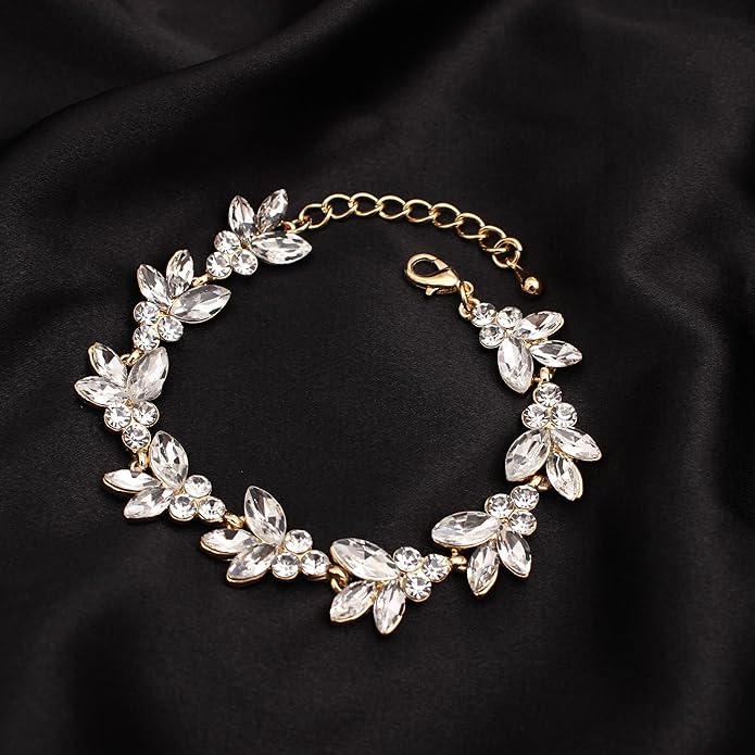 Bridal Wedding Crystal Leaf Choker Necklace Dangle Earring Bracelet Brides Bridesmaid Jewelry Set for Women