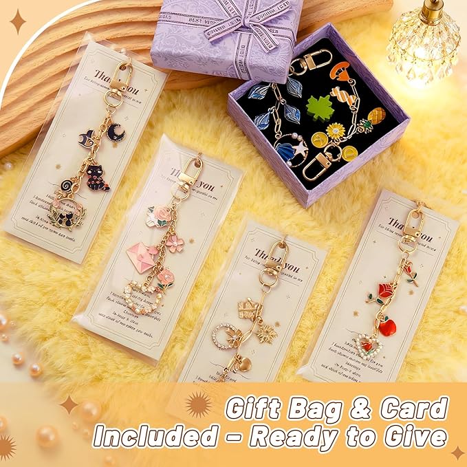 Wurosi 24 Set Lip Gloss Keychain Making Kit, Gold Keychain Clips Hooks with Extender Chain, Cellophane Bags, Thank You Cards, 5M Hemp Rope, for DIY Key Chain Making Crafts, Christmas Gifts