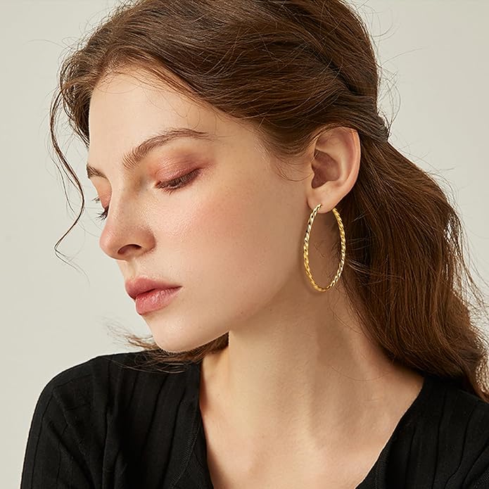Clip On Hoop Earrings for Women Non Pierced Ears,Gold Clip On Earrings Non Piercing Big Stainless Steel Fake Hoops Lightweight 30-60mm