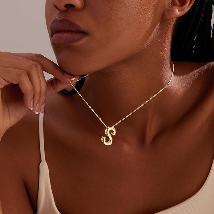 Inerney Valentines Day Gifts Gold Bubble Letter Necklace Initial Necklaces for Women, Chunky 14K Plated Balloon Initials, Trendy Charm Non Tarnish Custom Name Pendant Jewelry Gifts for Mom