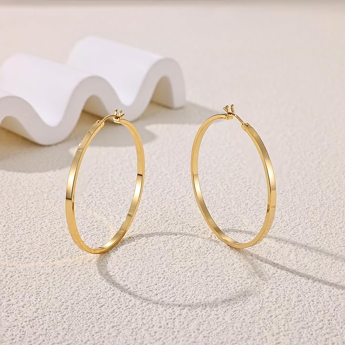 Gacimy Flatted Hoop Earrings for Women 14K Gold Plated with 925 Sterling Silver Post