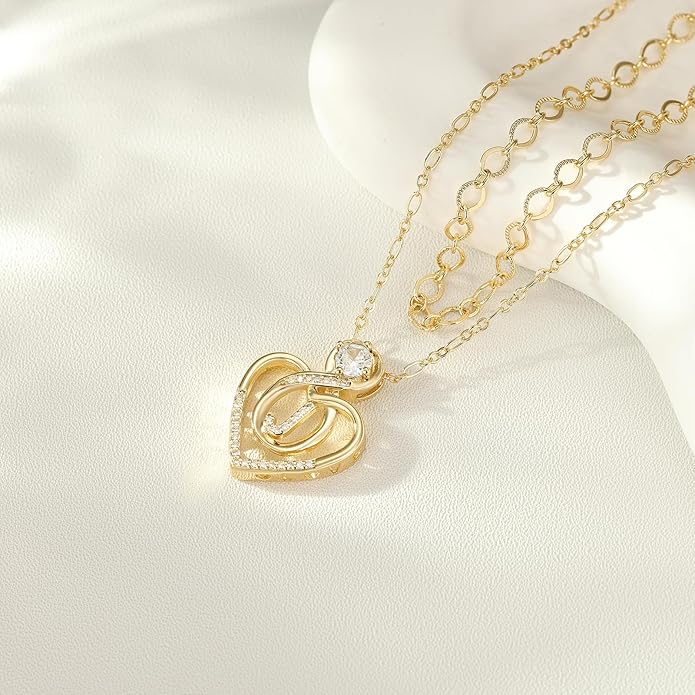 Heart Letter Necklaces for Women 14K Gold Plated Cubic Zirconia Heart Initial Layered Necklace Infinity Pendant Necklace Letter Initial Jewelry for Women