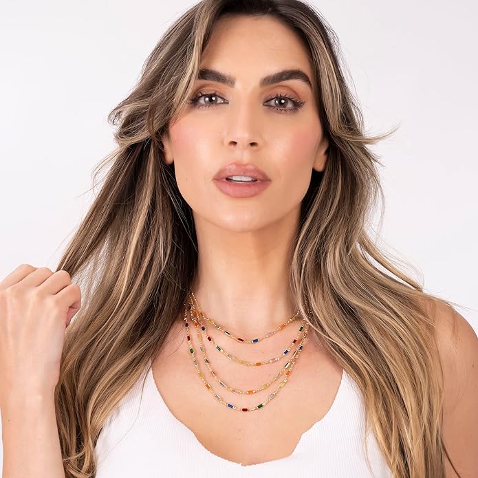 Barzel 18K Gold Plated Multi Stone Crystal Baguette Necklace for Women - Made In Brazil