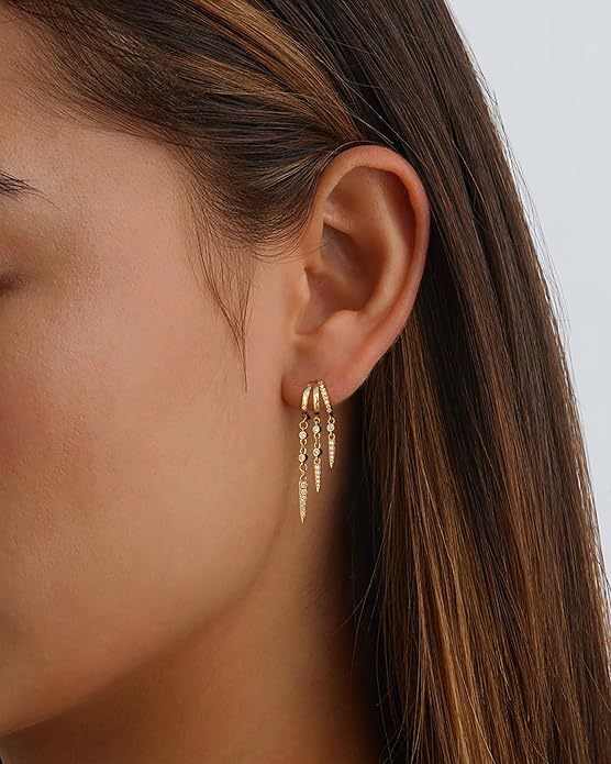 Dangle Earrings For Women,Dainty 14K Gold Plated Hypoallergenic Small Triple Huggie Hoop Earring Gothic Cute Cross Moon Star Drop Earrings For Women Trendy Gold Statement Stud Earring Jewelry