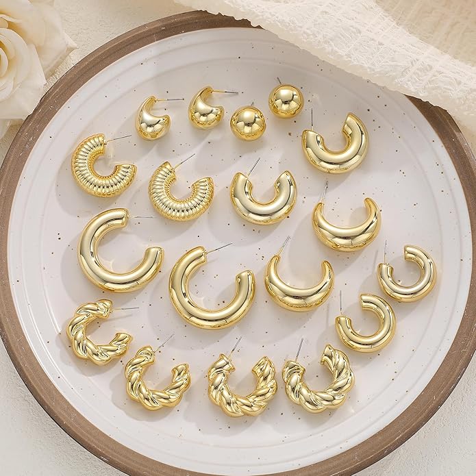 12 Pairs Chunky Gold Hoop Earrings for Women Trendy, Gold Plated Lightweight Hypoallergenic Stack, Thick Open Twisted Huggie Hoops Earring Set