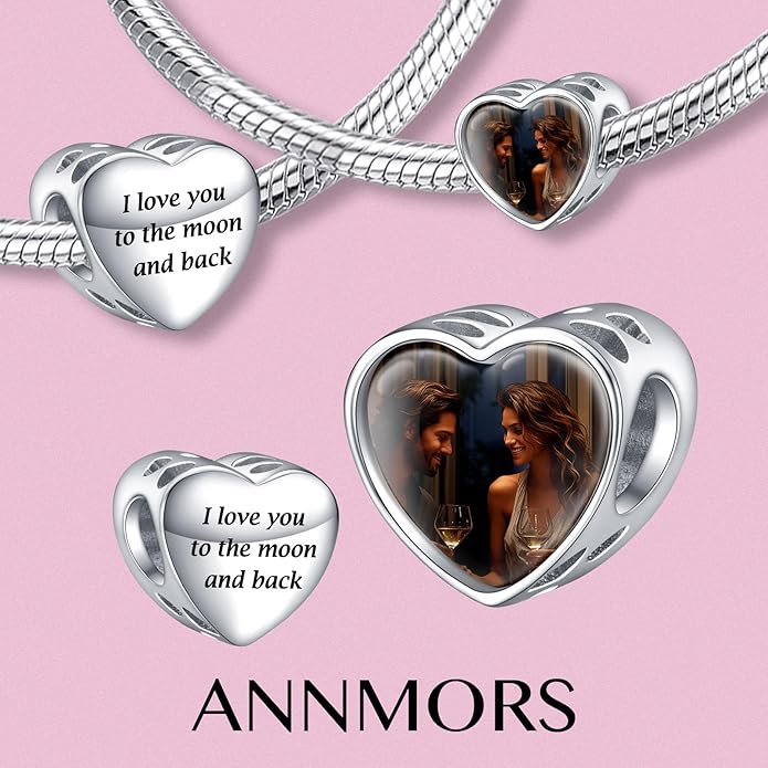 Annmors Personalized Photo Charms For Bracelets/Necklace 925 Sterling Silver Love Heart Shaped Engraved Customize Picture Gift for Birthday Mother's Day,Bead Charms Jewelry for Women