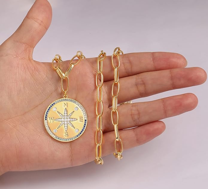 Aobei Pearl 18K Gold Plated Moon Star Lion Evil Eye Love Heart Cross Pendant Necklace Medallion Paperclip Chian Choker Layering Jewery for Women