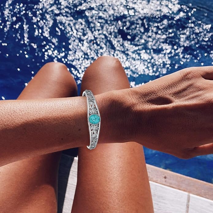 Genuine Turquoise Cuff Bracelet for Women, Sterling Silver Western Vintage Floral Bangle Native American Jewelry, For 6.5-7.5 Inch Wrists