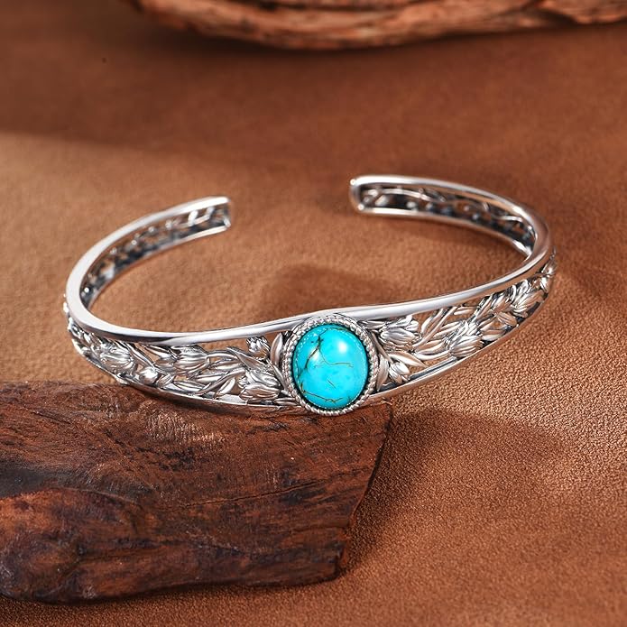 Genuine Turquoise Cuff Bracelet for Women, Sterling Silver Western Vintage Floral Bangle Native American Jewelry, For 6.5-7.5 Inch Wrists