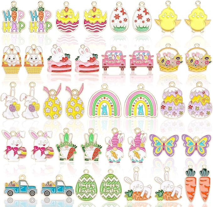 MARFOREVER Easter Charms, 40Pcs/20 Pairs Easter Charms for Jewelry Making, Assorted Egg Bunny Rabbit Enamel Charm Pendants for Bracelet Necklace Earrings Making Accessories