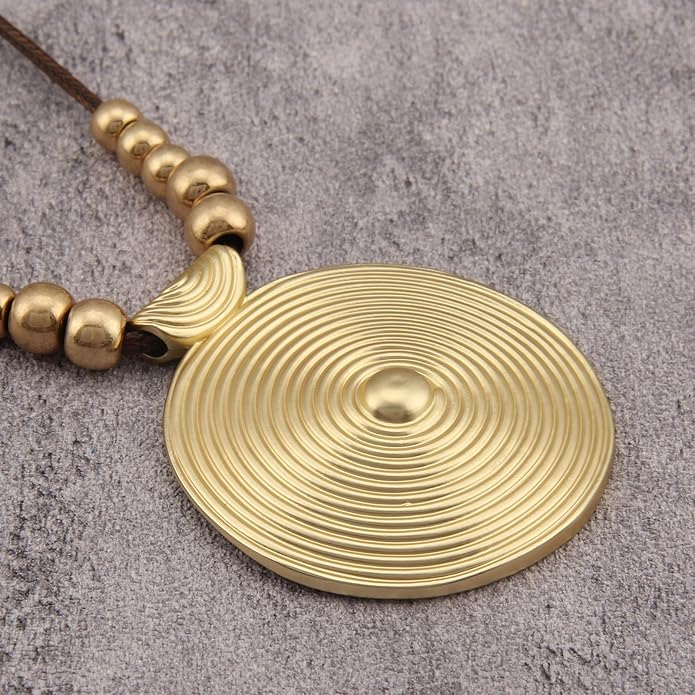 Boho Leather Necklace Women Bohemian Brown Circle Pendant Necklace Choker Long Necklaces for Women Boho Ring Large Pendant