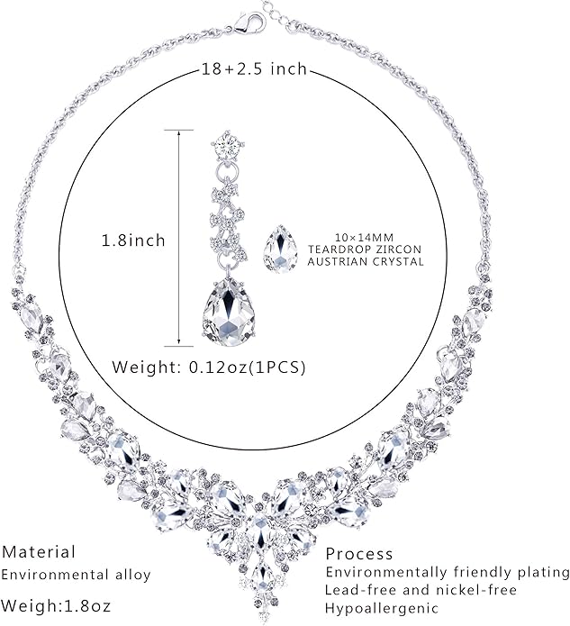 3/4 Pieces Women Jewelry Set Artificial Rhinestone Crystal Bride Statement Choker Necklace Tiara Crown Link Bangle Bracelet Teardrop Dangle Earrings Set