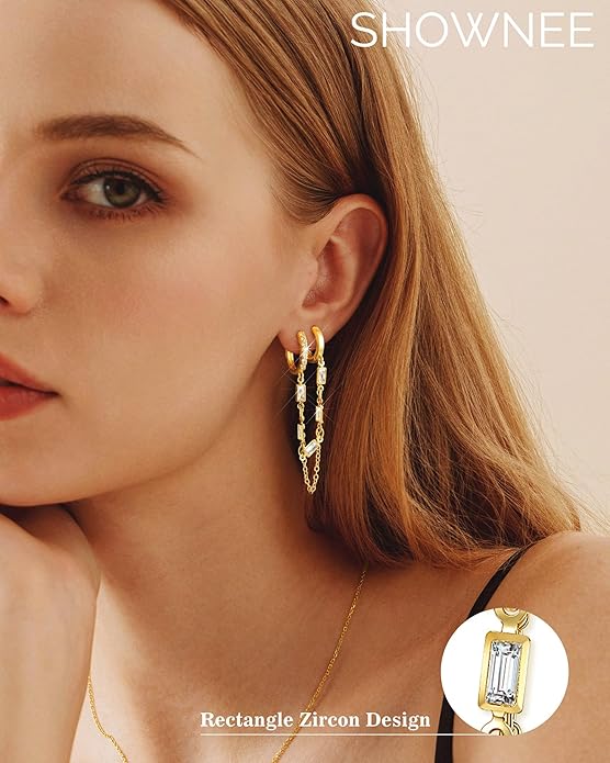 Tassel Chain Small Gold Hoop Dangle Earring For Women Huggie Earring Heart Star CZ 14K Gold Plated Fashion Jewelry Friendship Gift