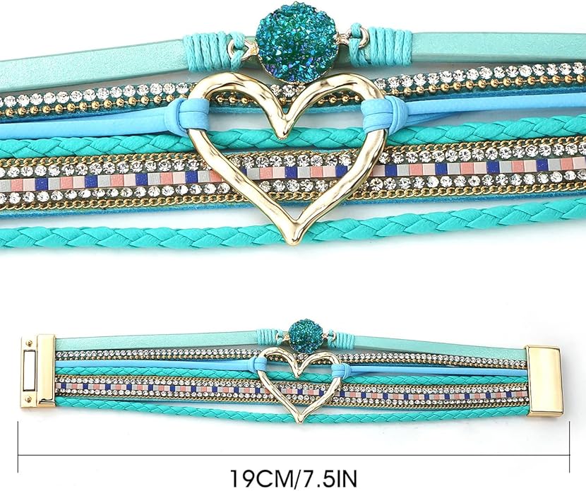 Suyi Multilayer Leather Wrap Bracelet Heart-Shape Wide Cuff Bracelets for Women