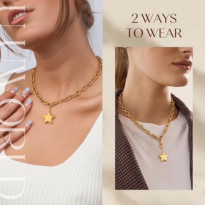 Chunky Gold Necklace with Star Pendant for Women,18K Gold Plated Stainless Steel Sweatproof Non Tarnish Hypoallergenic Chain,Trendy Chunky Necklaces for Women,Star Necklace Fashion Statement Jewelry