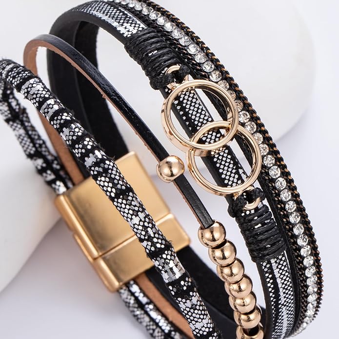 FANCY SHINY Boho Leather Wrap Bracelet Stackable Infinity Chunky Cuff Bracelets Western Hippie Outfits Jewelry Valentine Gifts for Women