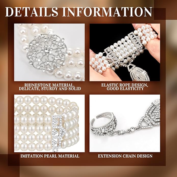 Maitys 3 Pcs 1920s Pearl Jewelry Set Includes Vintage Flapper Earrings Multilayer Imitation Pearl Necklace Bracelet for Women