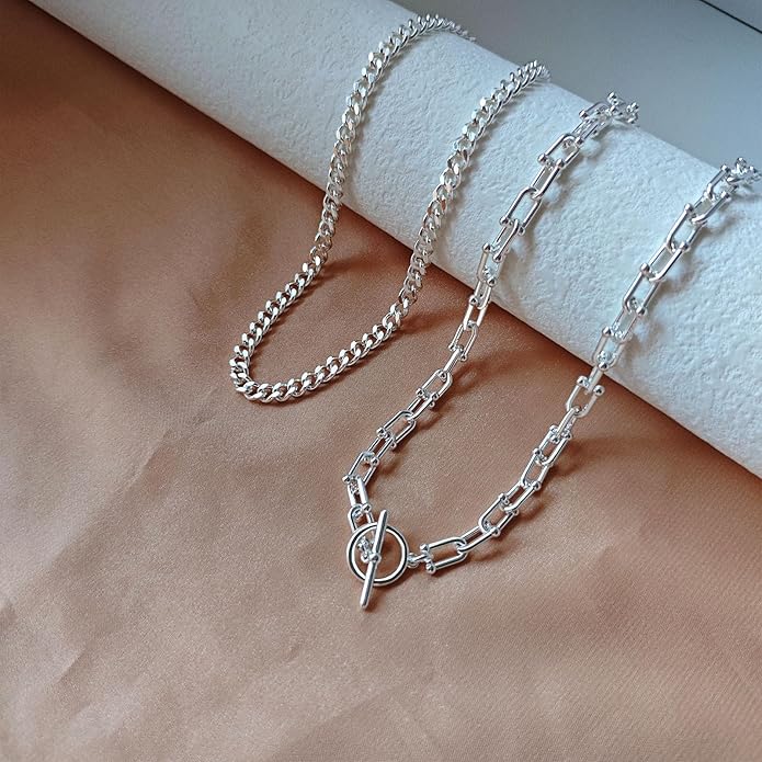 Gold Necklace for Women Layered 14k Plated Tendy Chunky Gold Necklace Cuban Link Choker Paperclip Chain Stackable OT Toggle Clasp Hypoallergenic Fashion Chunky Statement Jewelry Gifts for Women