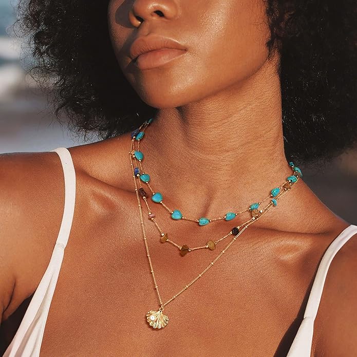 Created Turquoise Necklace for Women 14K Gold Plated Beaded Heart Choker Boho Necklaces Handmade Beach Summer Everyday Western Jewelry Gifts