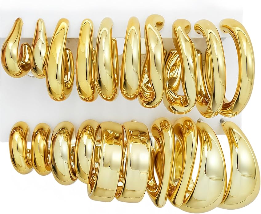 12 Pairs Chunky Gold Hoop Earrings for Women Trendy, Gold Plated Lightweight Hypoallergenic Stack, Thick Open Twisted Huggie Hoops Earring Set