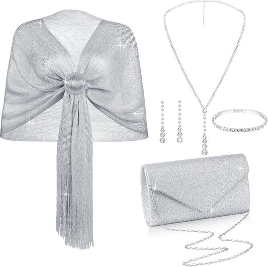 Hicarer 5 Pcs Dressy Jewelry Sets, Silver Shawls and Wraps, Clutch Purse for Homecoming Prom Evening Women Formal