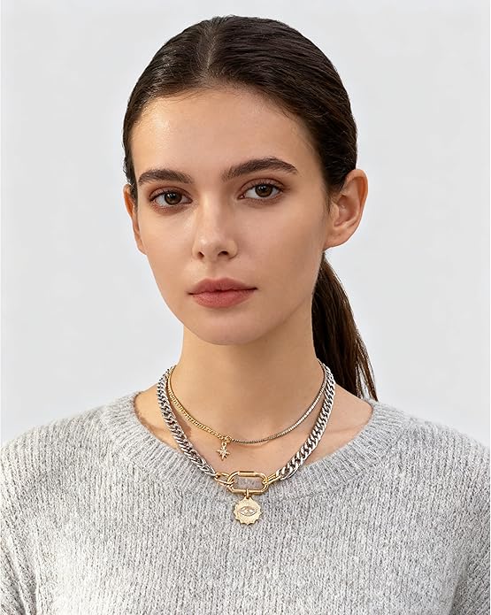 Valentines Day Gifts for her,Gold Statement Necklace,Muliti Layered Necklaces for Women,Chunky Two Tone Mixed Metal Necklace Set with Charm Pendant, Paperclip Stacked Chain, Trendy Coin Jewelry Gift for Her Gifts for Chrismas