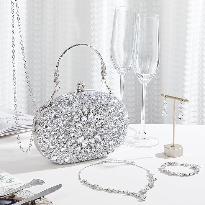 Quelay 4 Pcs Purse Rhinestone Jewelry Set Evening Clutch Bag Bling Crystal Necklace Dangle Earrings Bracelets Accessories