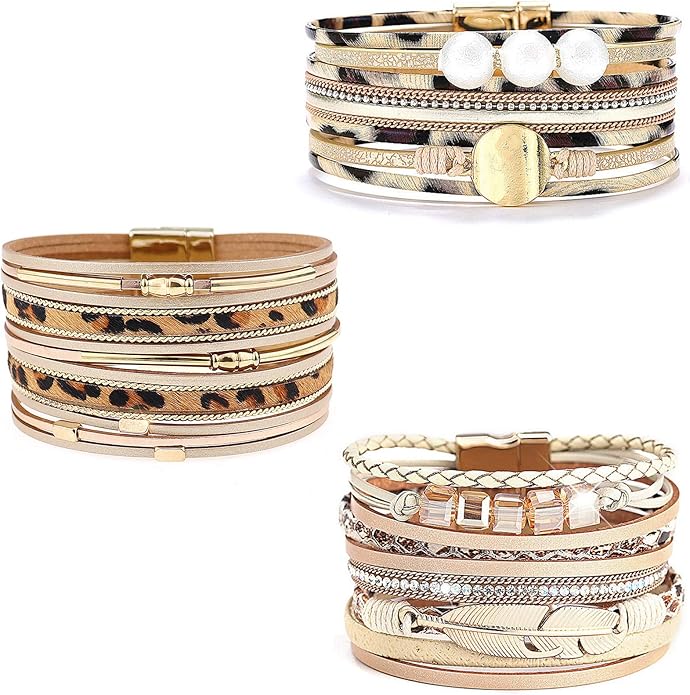 Wowanoo 3Pack Leather Cuff Bracelet Set Multilayer Wrap Bracelet Crystal Feather Tree Bracelet Magnetic Clasp Bracelet for Women