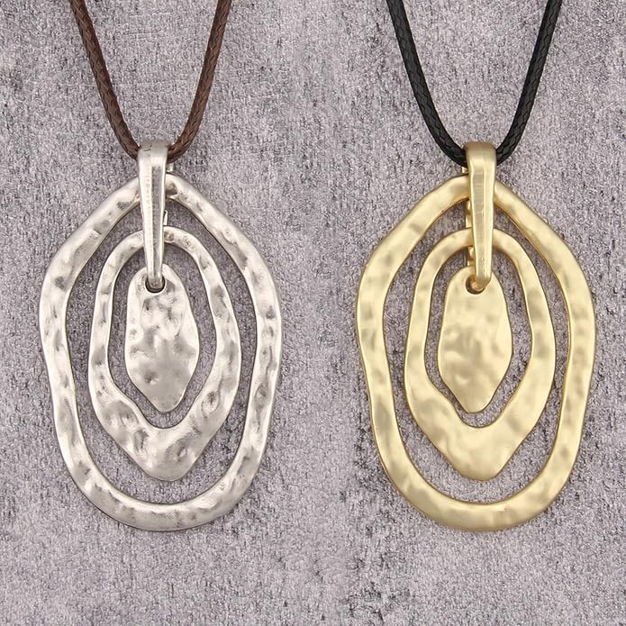 Boho Leather Necklace Women Bohemian Brown Circle Pendant Necklace Choker Long Necklaces for Women Boho Ring Large Pendant