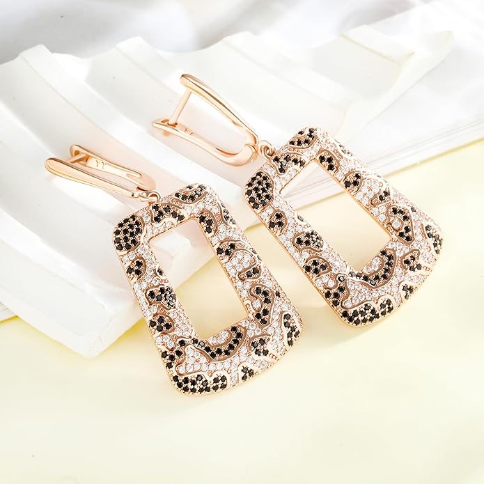 Rose Gold Hoop Earrings for Women, 925 Silver-Plated Thickened Hypoallergenic Earrings, CZ Black Gemstone-Inlaid Earrings - Women's Fashion Jewelry