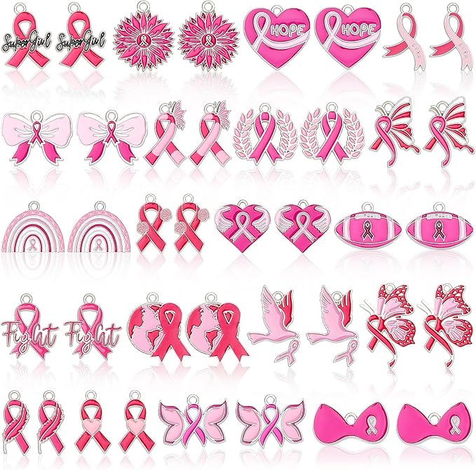 MARFOREVER 40 Pcs/20 Pairs Breast Cancer Awareness Charms, Pink Ribbon Charm Hope Ribbon Pendants for Bracelet Necklace Earrings Making Accessories for Jewelry Making