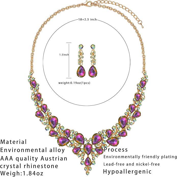 3/4 Pieces Women Jewelry Set Artificial Rhinestone Crystal Bride Statement Choker Necklace Tiara Crown Link Bangle Bracelet Teardrop Dangle Earrings Set