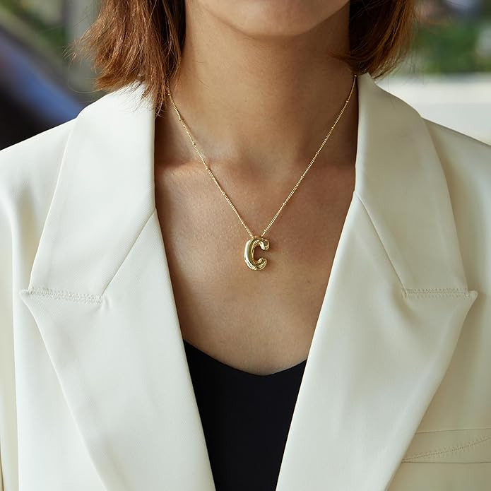 Inerney Valentines Day Gifts Gold Bubble Letter Necklace Initial Necklaces for Women, Chunky 14K Plated Balloon Initials, Trendy Charm Non Tarnish Custom Name Pendant Jewelry Gifts for Mom