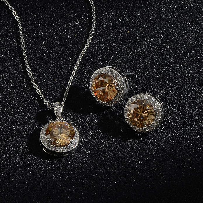 Bridal Crystal Jewelry Set - Sterling Silver Round Cubic Zirconia CZ Rhinestone Halo Birthstone Pendant Necklace Stud Earrings Set for Wedding Bride Bridesmaids Birthday Gift