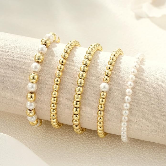 Gold Bead Bracelets for Women Girls - 14K Gold Plated Dainty Round Bead Ball Pearl Cross Bracelet Stack for Women Teenage Girls Stackable Jewelry Christmas Gifts
