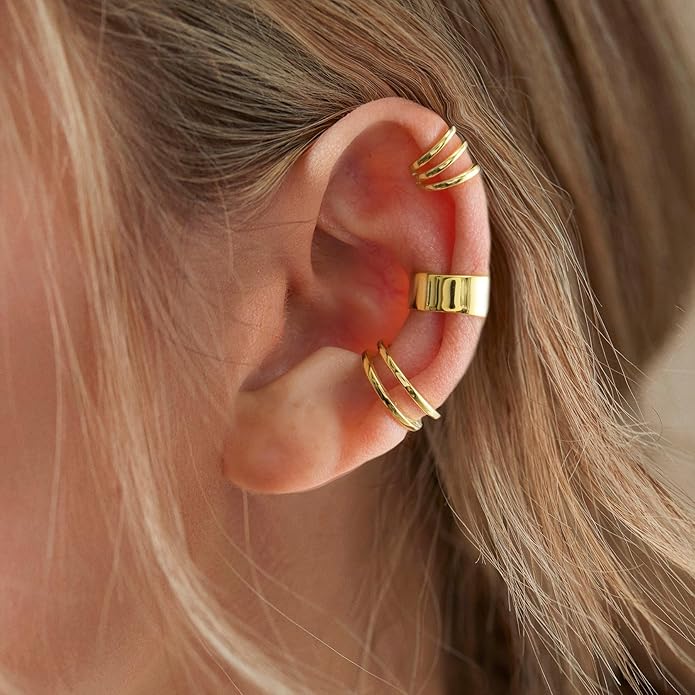 CHIC & ARTSY 925 Sterling Silver Ear Cuffs for Women, Non Piercing Clip On Cartilage Cuffs, Adjustable Fake Conch & Helix Earrings, Gold Plated & Oxidized Various Styles