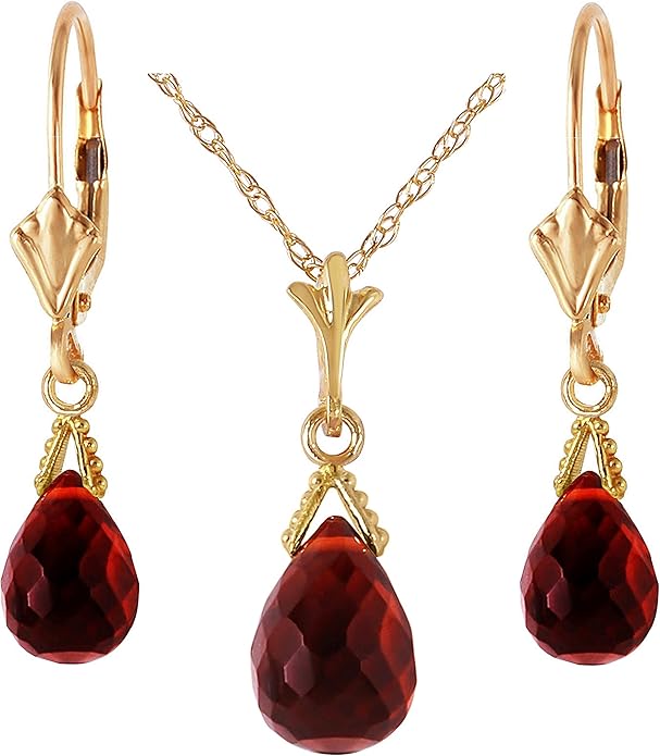 Galaxy Gold GG 14k Solid Gold Jewelry Set: Natural Briolette Garnet Pendant Necklace and Dangle Earrings