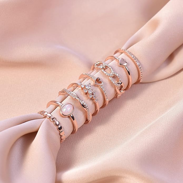 PLOMFOV 14K Gold/Silver Plated Stacking Rings Set for Women Non Tarnish CZ Heart Simple Cute Stackable Rings Dainty Trendy Gold Statement Rings Plain Band Size 4-12