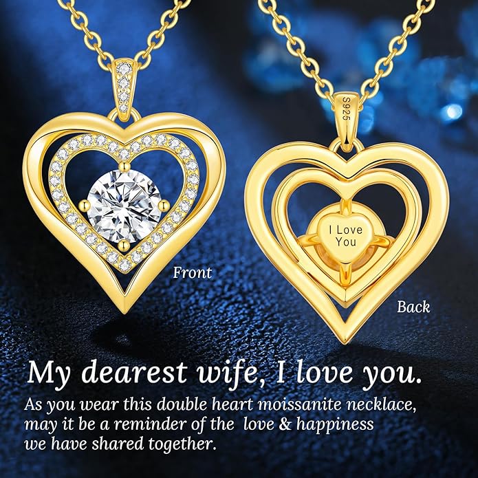 Valentine's Day Gift Moissanite Heart Pendant Necklaces for Women, 925 Sterling Silver Necklace Engraved with 'I LOVE YOU', Ideal Anniversary Birthday Jewelry Gifts for Mom Wife Girlfriend Daughter Her